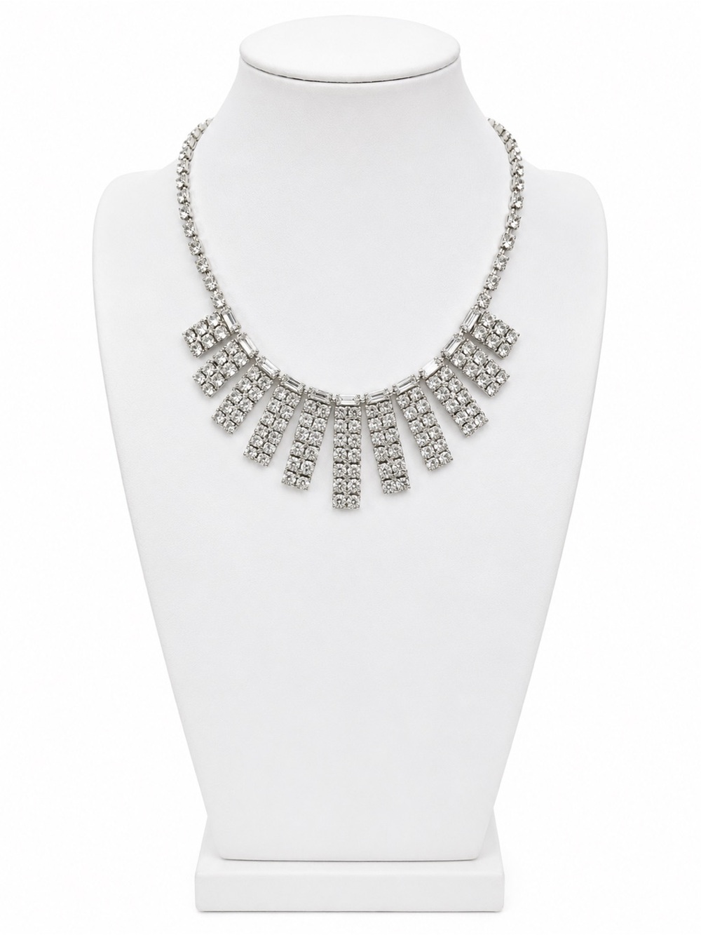 Vintage Clear Rhinestone Fringe Necklace – Silver Tone Statement Bib Art Deco